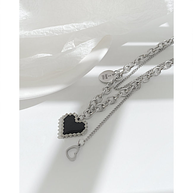 Wholesale Stainless Steel Black Mosaic Heart Multi-layer Necklaces