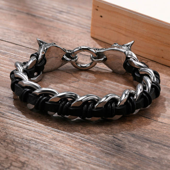 Wholesale Stainless Steel Braided Leather Cuban Link Bracelet
