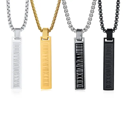 Wholesale Stainless Steel Engraved Roman Numeral Bar Necklace