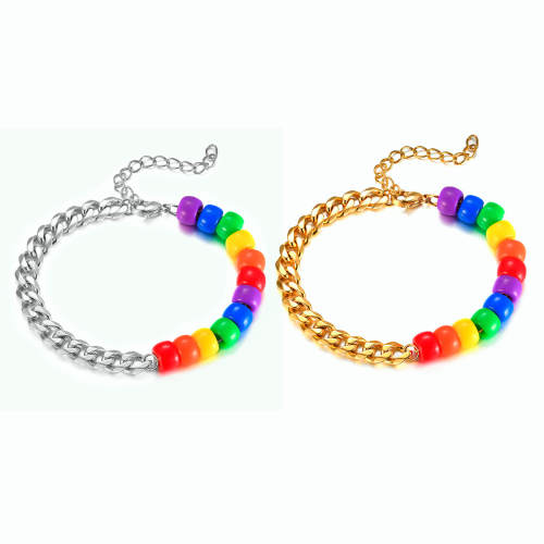 Wholesale Stainless Steel Half Cuban Chain Half Rainbow Beads Bracelet