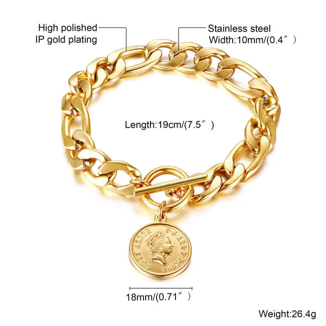 Wholesale Stainless Steel Figaro Bracelet with Elizabeth Pendant
