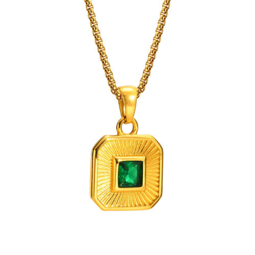 Wholesale Stainless Steel Square Pendant with Green CZ