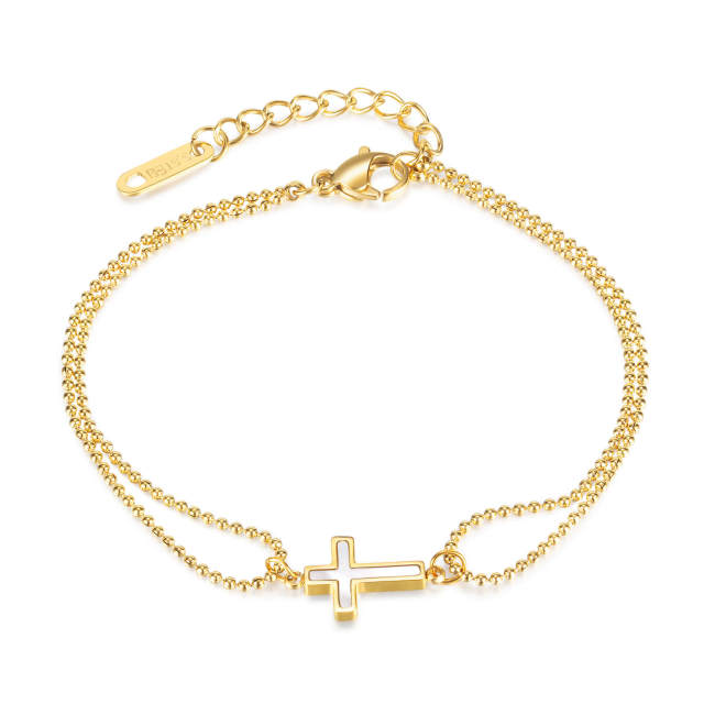 Wholesale Stainless Steel Sideways Cross Bracelet with Double Ball Chain