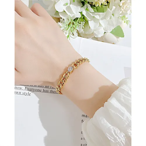 Wholesale Stainless Steel Women Cuban Chain Bracelet with CZ