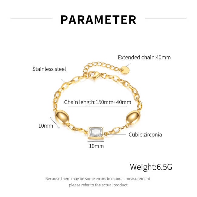 Wholesale Stainless Steel Link Chain Bracelet with Square CZ