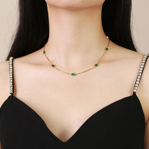 Wholesale Stainless Steel Vintage Emerald CZ Necklace and Bracelet Set