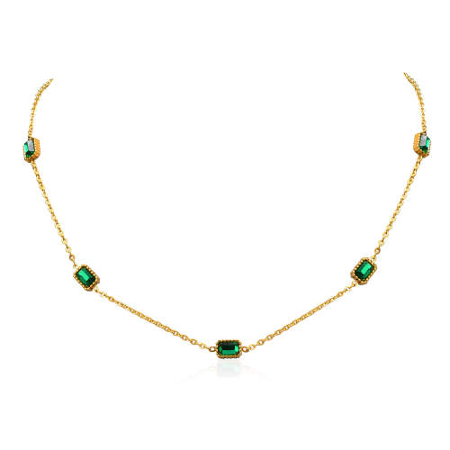 Wholesale Stainless Steel Vintage Emerald CZ Necklace and Bracelet Set
