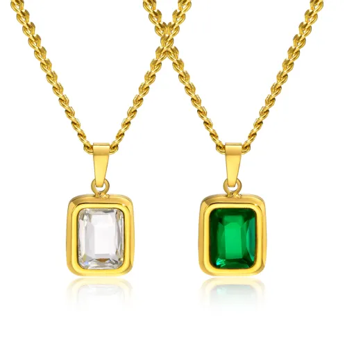Wholesale Stainless Steel Square Green CZ Necklace
