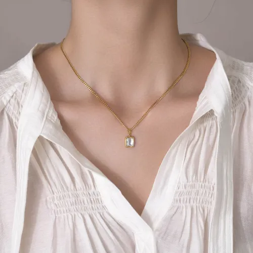 Wholesale Stainless Steel Square Green CZ Necklace