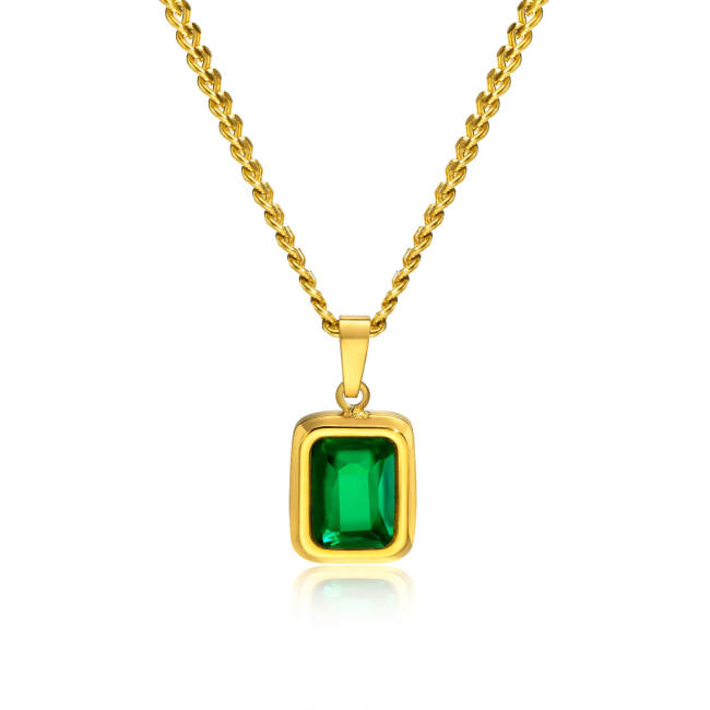 Wholesale Stainless Steel Square Green CZ Necklace