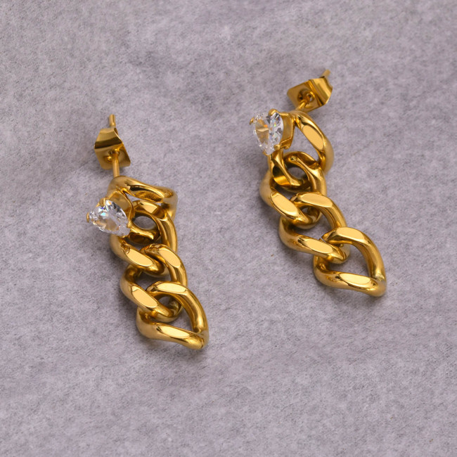 Wholesale Stainless Steel Curb Chain Earrings with Heart CZ