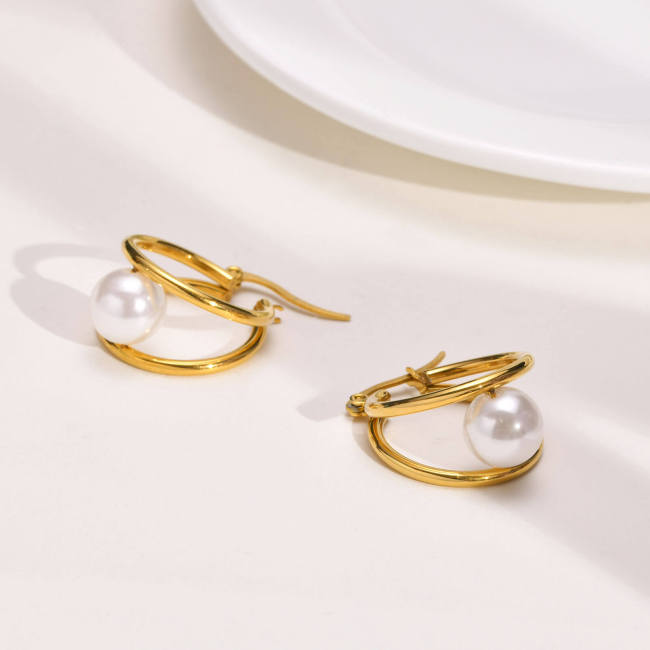 Wholesale Stainless Steel Double Circle Pearl Earrings
