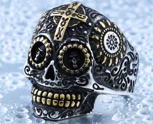 Wholesale Stainless Steel Gold Sugar Skull Ring