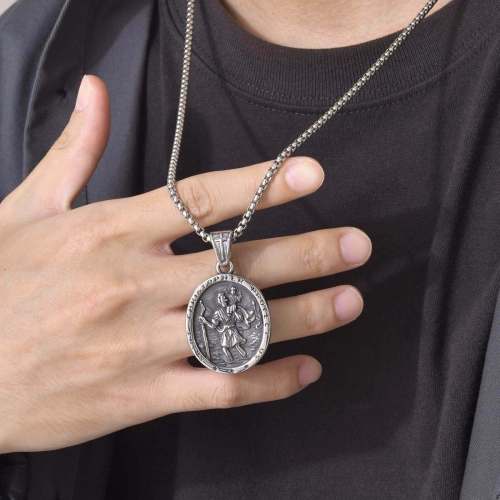 Wholesale Stainless Steel Oval Saint Christopher Necklace