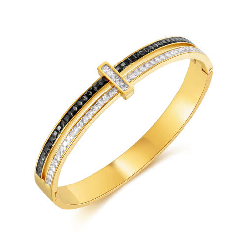 Wholesale Stainless Steel Two-tone Double Row CZ Bangle