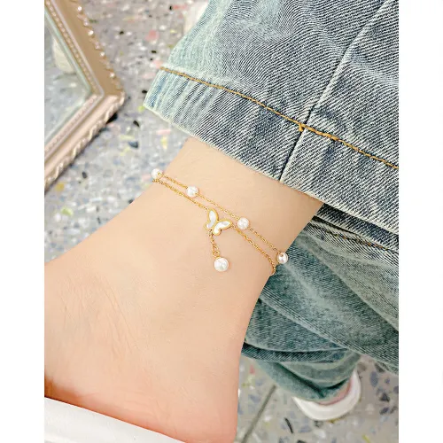 Wholesale Stainless Steel Double Layer Pearl Butterfly Anklet