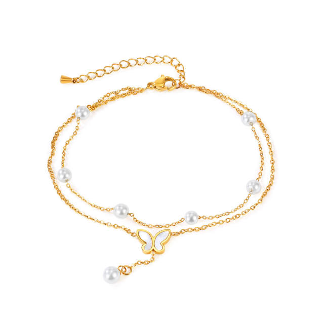 Wholesale Stainless Steel Double Layer Pearl Butterfly Anklet