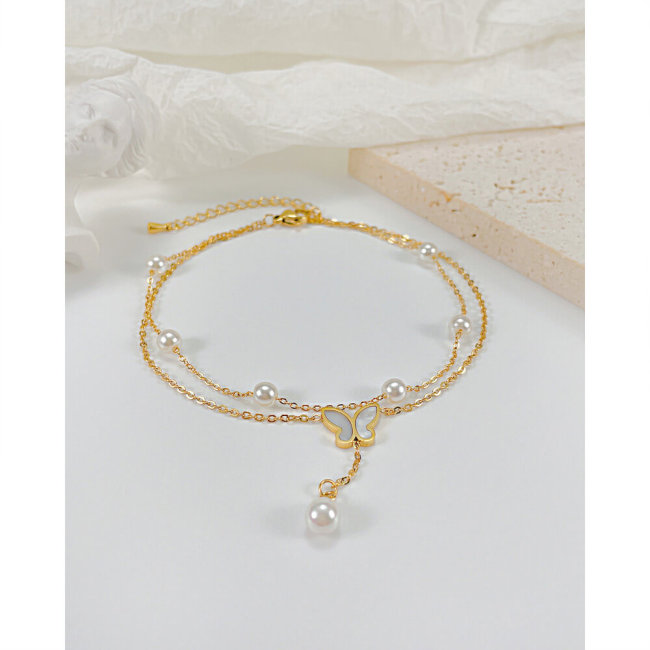 Wholesale Stainless Steel Double Layer Pearl Butterfly Anklet