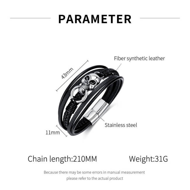 Wholesale Stainless steel Multi-layered Leather Skull Bracelet