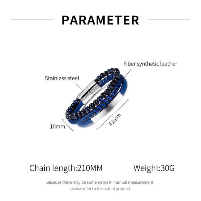 Wholesale Stainless Steel Multilayer Blue Braided Leather Bracelet