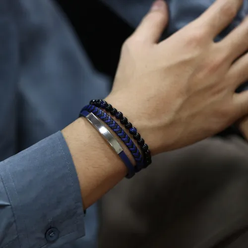 Wholesale Stainless Steel Multilayer Blue Braided Leather Bracelet