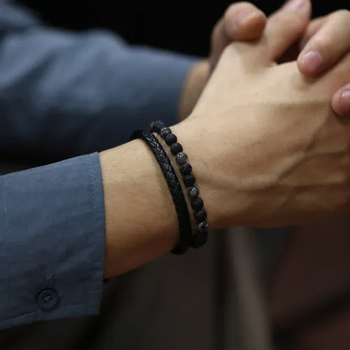 Wholesale Stainless Steel Leather & Volcanic Stone Bracelet