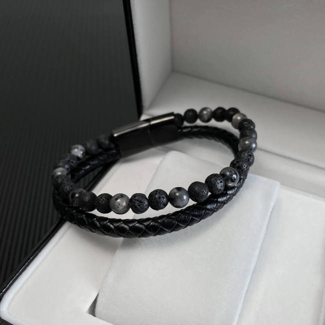 Wholesale Stainless Steel Leather & Volcanic Stone Bracelet