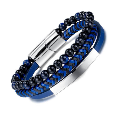 Wholesale Stainless Steel Multilayer Blue Braided Leather Bracelet