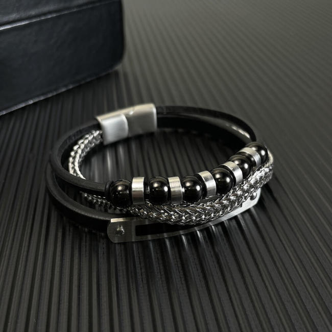 Wholesale Stainless Steel Fashion Multi-Layer Leather Bracelet