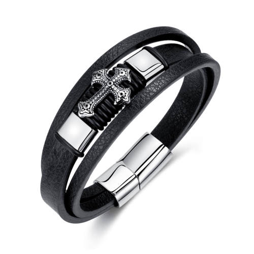 Wholesale Stainless Steel Multilayer Leather Bracelet with Cross
