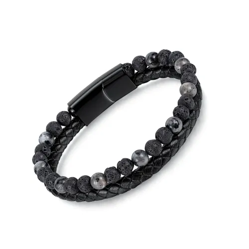 Wholesale Stainless Steel Leather & Volcanic Stone Bracelet