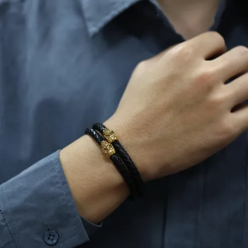 Wholesale Stainless Steel Skull Leather Bracelet