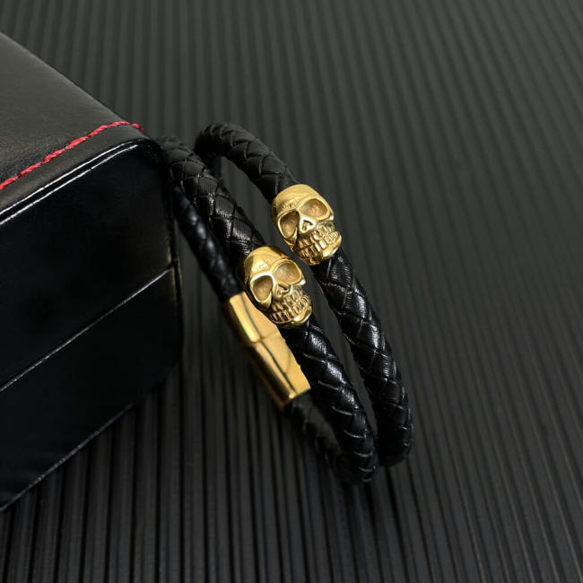 Wholesale Stainless Steel Skull Leather Bracelet