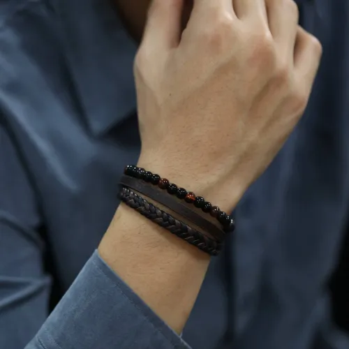 Wholesale Stainless Steel Mens Leather & Bead Bracelet