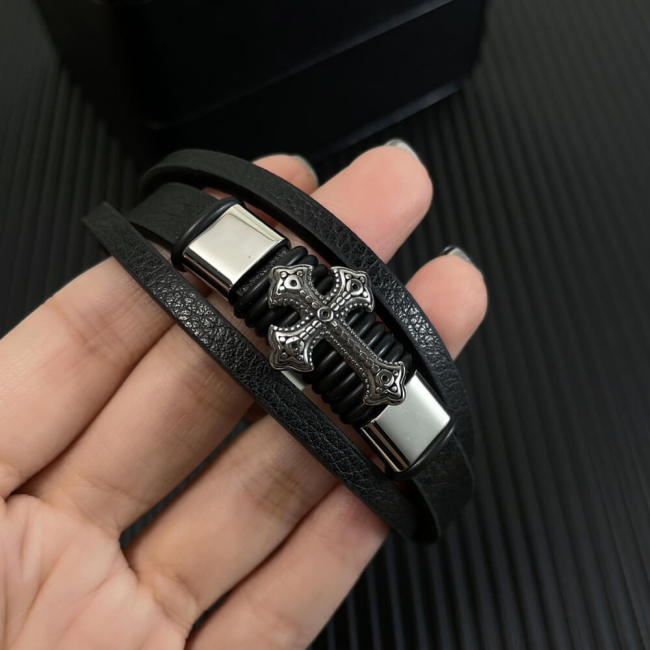 Wholesale Stainless Steel Multilayer Leather Bracelet with Cross