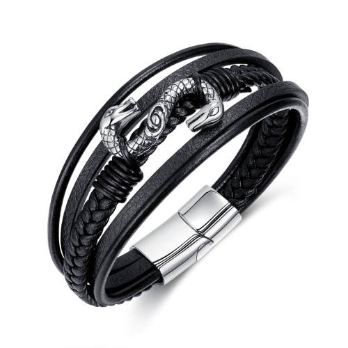 Wholesale Stainless Steel Mens Double Snake Leather Bracelet
