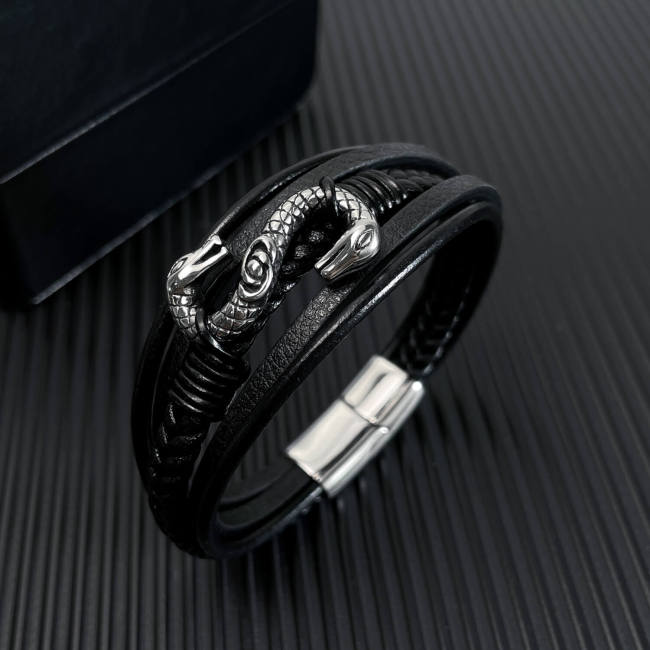 Wholesale Stainless Steel Mens Double Snake Leather Bracelet