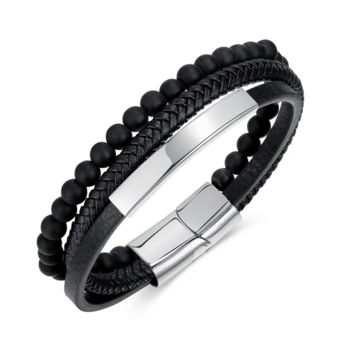 Wholesale Stainless Steel Classic Leather & Beads Bracelet