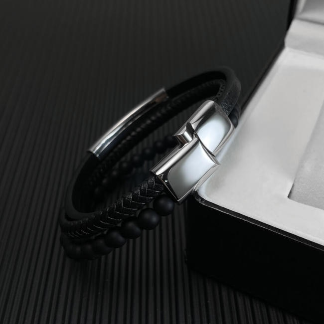 Wholesale Stainless Steel Classic Leather & Beads Bracelet