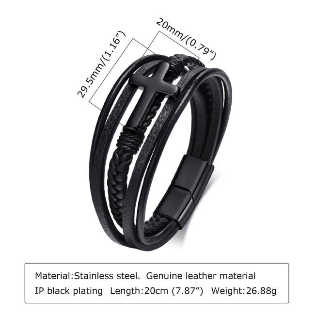 Wholesale Stainless Steel Multi-layer Cross Leather Bracelet