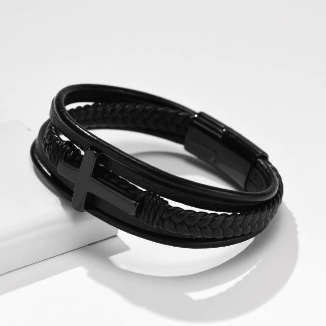 Wholesale Stainless Steel Multi-layer Cross Leather Bracelet