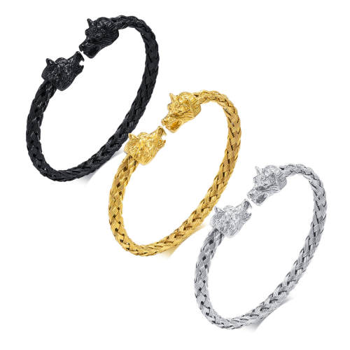 Wholesale Stainless Steel Braided Cable Double Wolf Heads Bangle