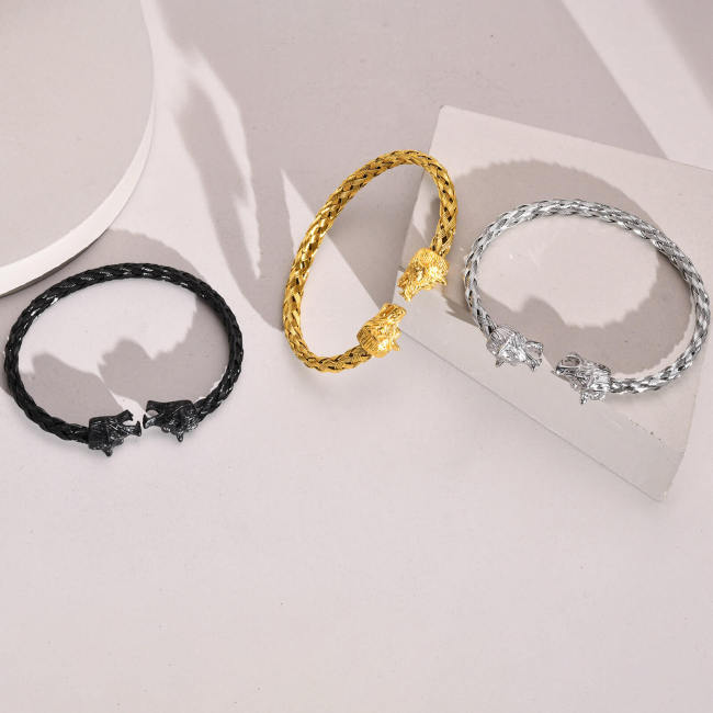 Wholesale Stainless Steel Braided Cable Double Wolf Heads Bangle