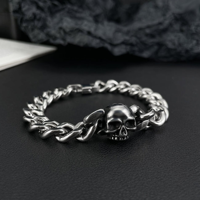 Wholesale Stainless Steel Cuban Chain Bracelet with Skull
