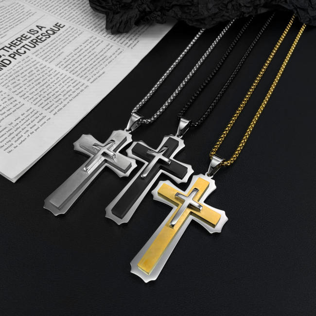 Wholesale Stainless Steel Triple Layer Cross Pendant Necklace