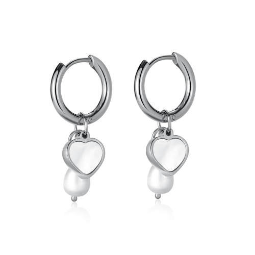 Wholesale Stainless Steel Pearl & Heart Drop Hoop Earrings