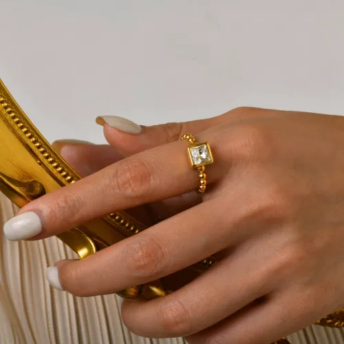 Wholesale Stainless Steel Beaded Stackable Ring with Square CZ