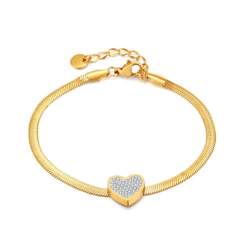 Wholesale Stainless Steel Herringbone Chain Bracelet with CZ Heart