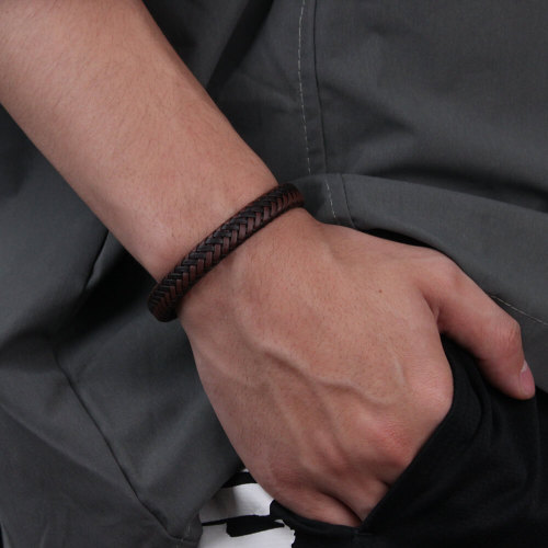 Wholesale Stainless Steel Two Tone Braided Leather Bracelet