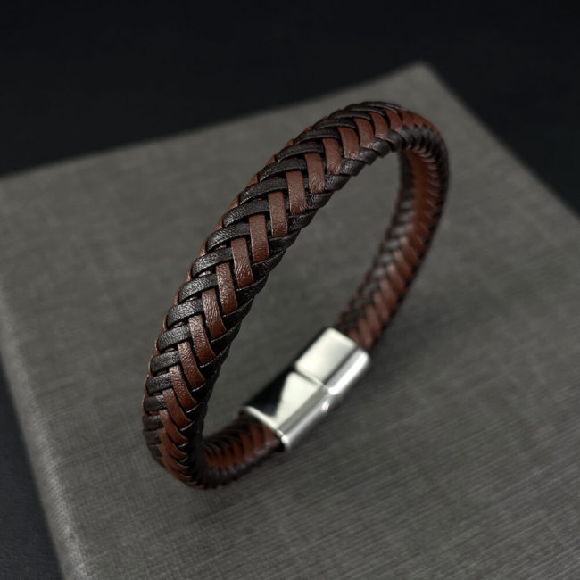 Wholesale Stainless Steel Two Tone Braided Leather Bracelet